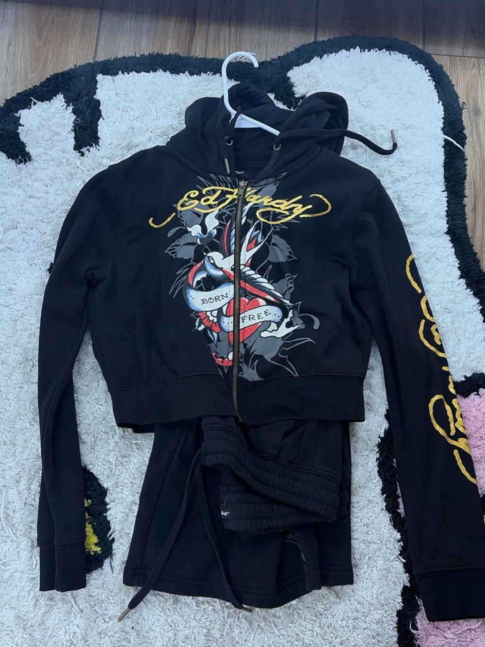 Ed Hardy Black Cropped Bomber Jacket with Tattoo Graphic SET pants and jacket